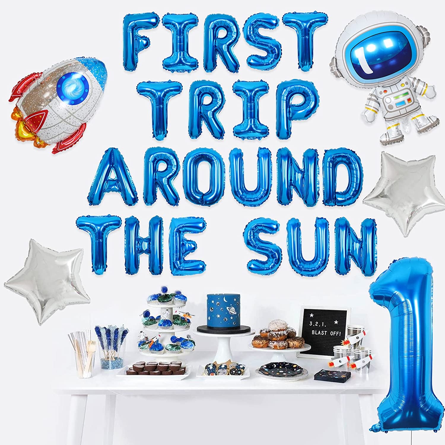 First Trip Around the Sun Decorations Outer Space 1st Birthday Party Supplies for Boys Astronaut Rocket and Number 1 Foil Balloons Blue Silver for First Birthday Party Supplies - Walmart.com